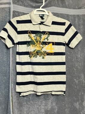Polo by Ralph Lauren Polo #14 Gray/Navy Striped Rugby Big Yellow/Green Crest